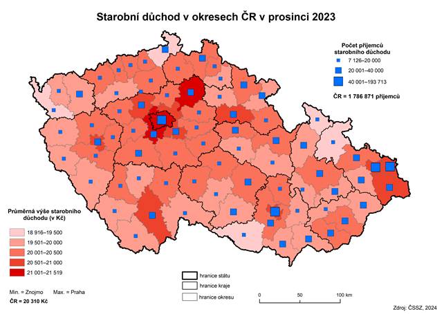Kartogram: Starobní důchod v okresech ČR v prosinci 2023